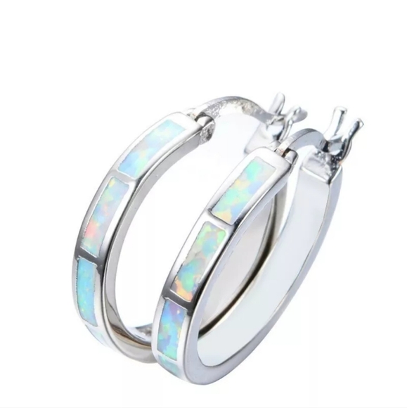 PRICE DROP!White Simulated Opal Hoop Earring with Siver Overlay - Picture 2 of 3